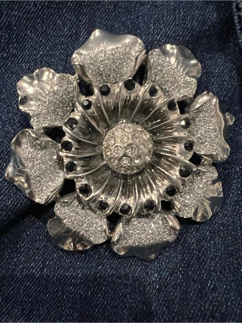 Vintage Brooch sparkling Flower Pin black & Silvertone with black crystals